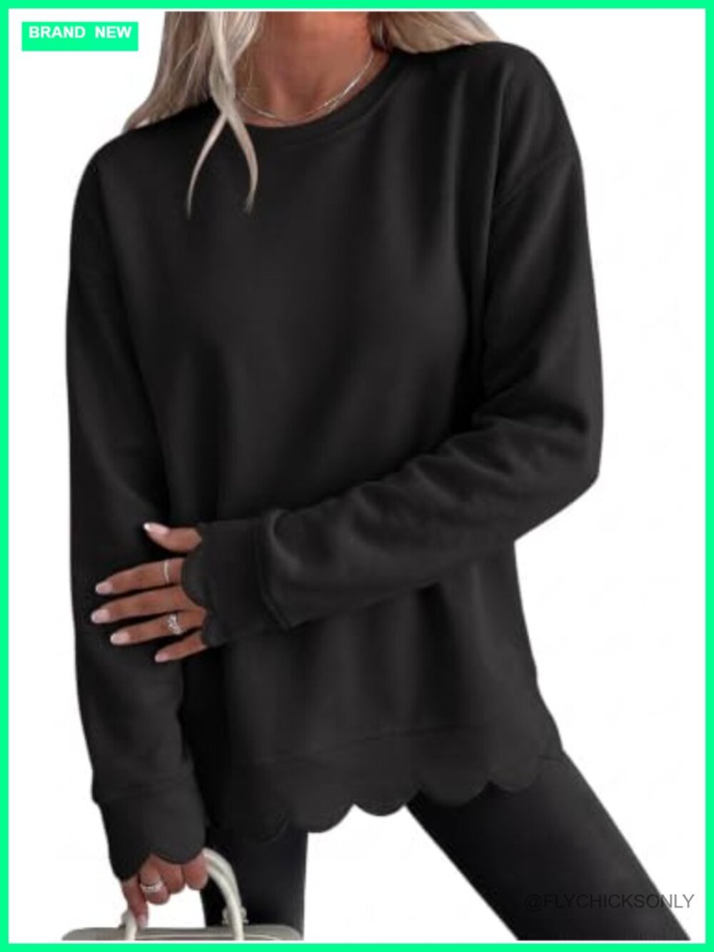 Womens Oversized Crewneck Scalloped Pullover Sweatshirt